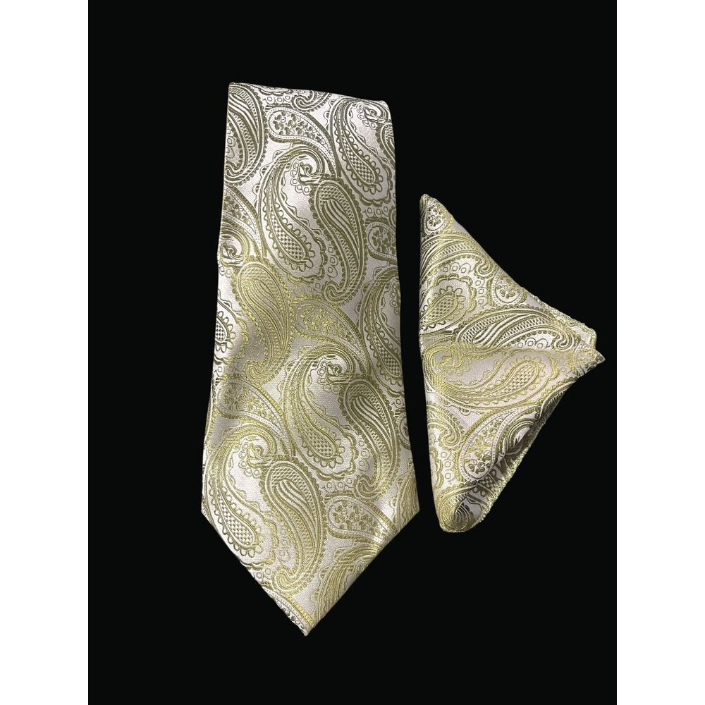 Gold & White Paisley Silk Tie & Pocket Square Set T01 H